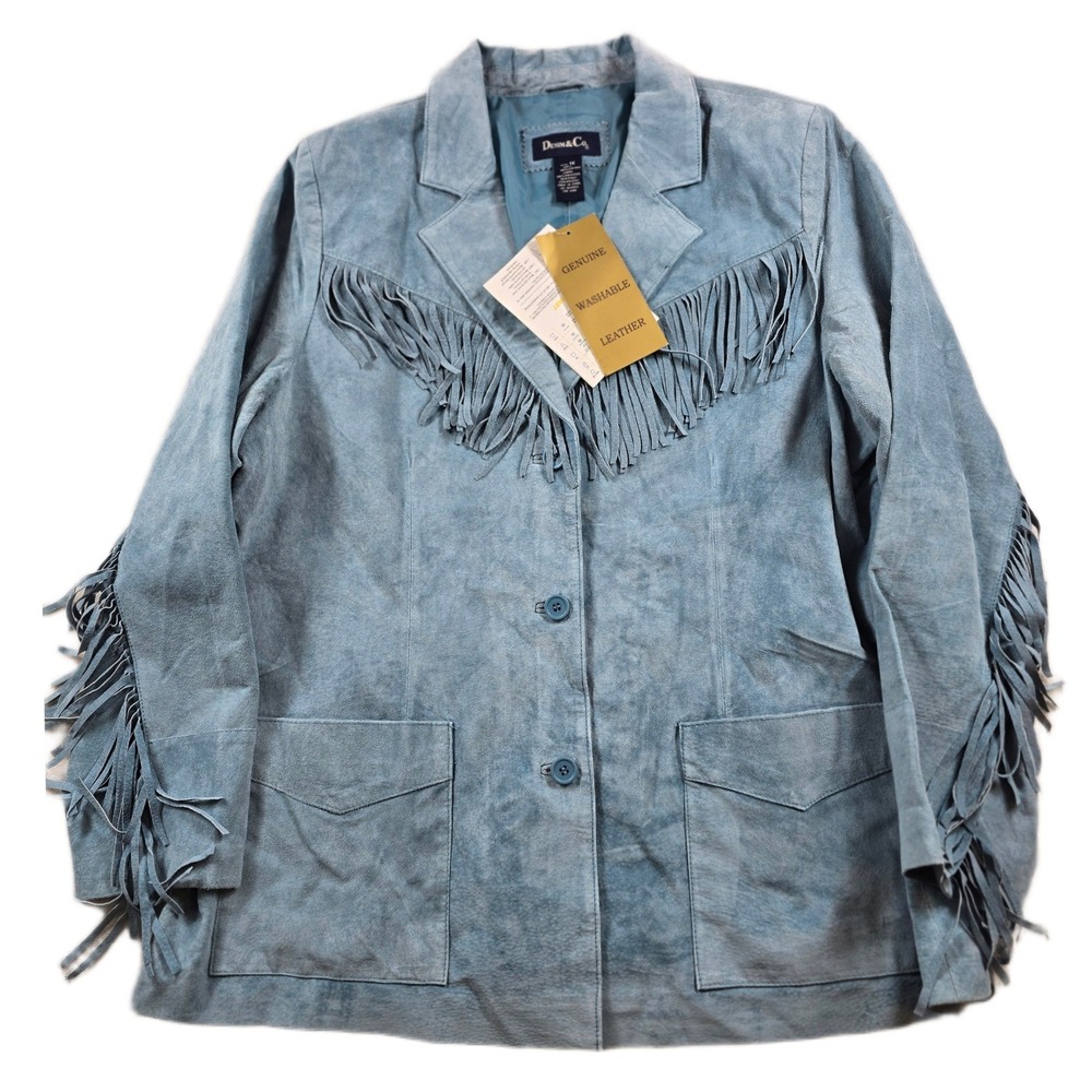 Denim & Co Leather Suede Fringe Jacket Women 1X Blue Washable Western Boho NWT